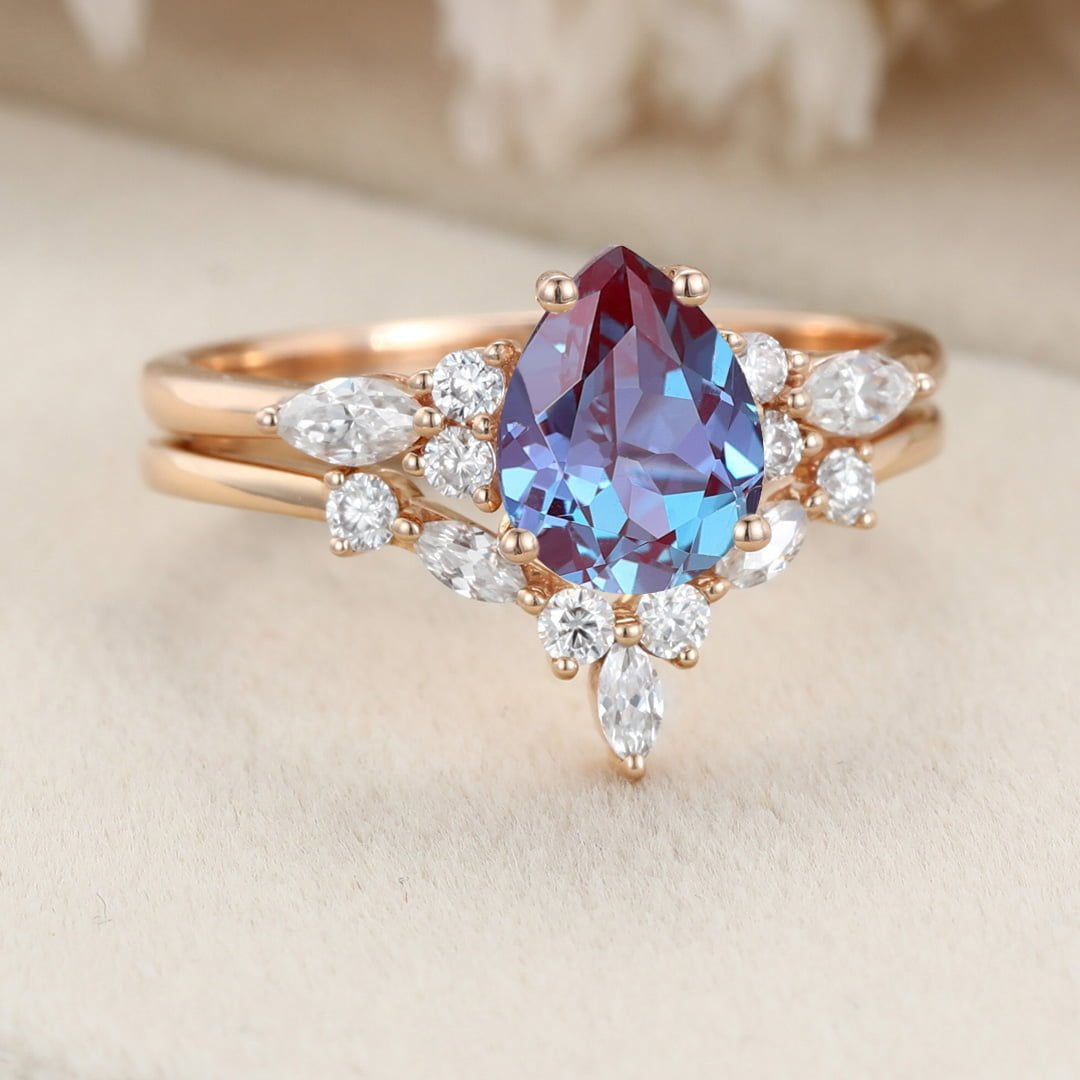 Pear shaped Alexandrite engagement ring set Rose gold marquise engagement ring Vintage moissanite engagement ring wedding Bridal Anniversary