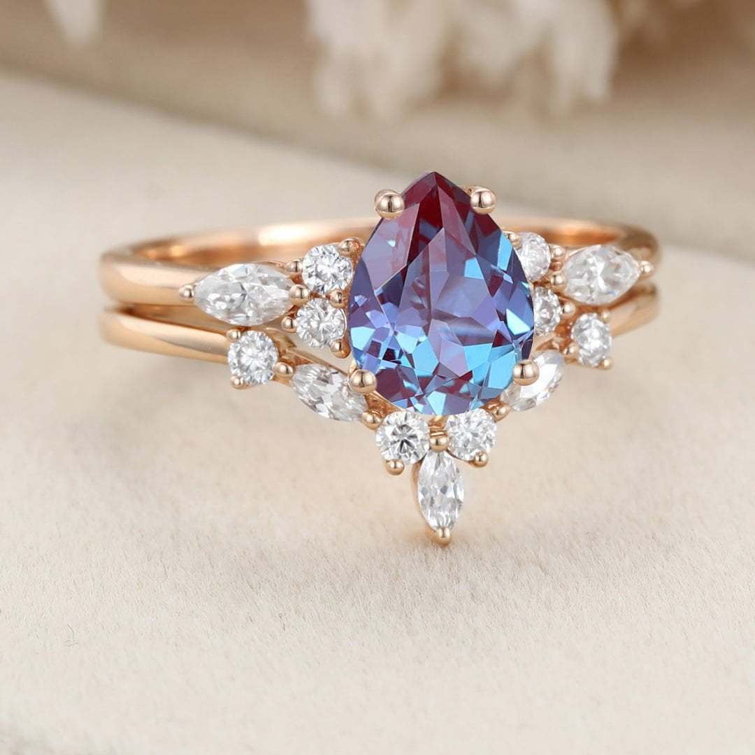 Pear shaped Alexandrite engagement ring set Rose gold marquise engagement ring Vintage moissanite engagement ring wedding Bridal Anniversary