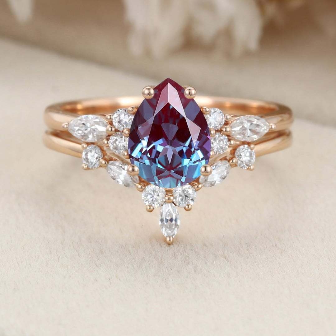 Pear shaped Alexandrite engagement ring set Rose gold marquise engagement ring Vintage moissanite engagement ring wedding Bridal Anniversary