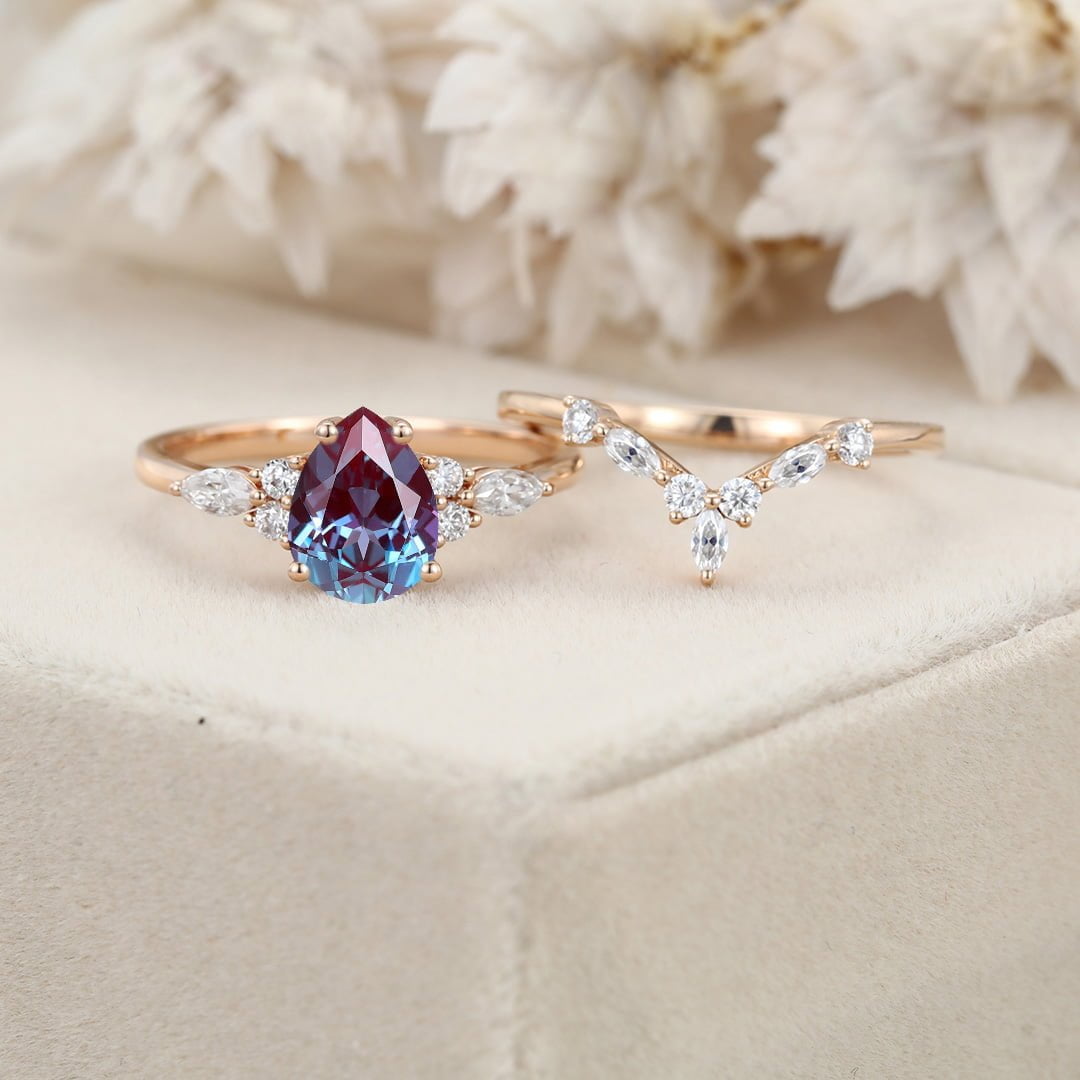 Pear shaped Alexandrite engagement ring set Rose gold marquise engagement ring Vintage moissanite engagement ring wedding Bridal Anniversary