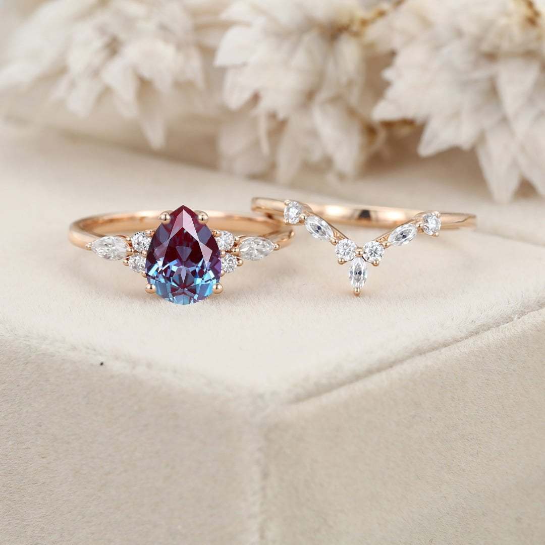 Pear shaped Alexandrite engagement ring set Rose gold marquise engagement ring Vintage moissanite engagement ring wedding Bridal Anniversary