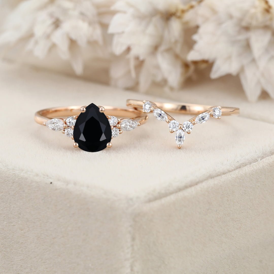 Pear shaped Black Onyx engagement ring set Vintage Rose gold Marquise Moissanite engagement ring wedding Bridal Anniversary gift for her