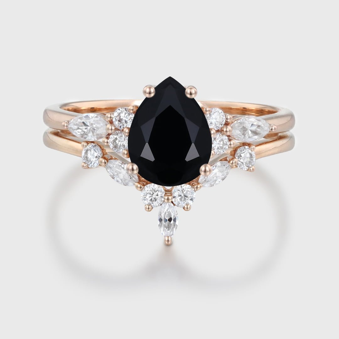 Pear shaped Black Onyx engagement ring set Vintage Rose gold Marquise Moissanite engagement ring wedding Bridal Anniversary gift for her