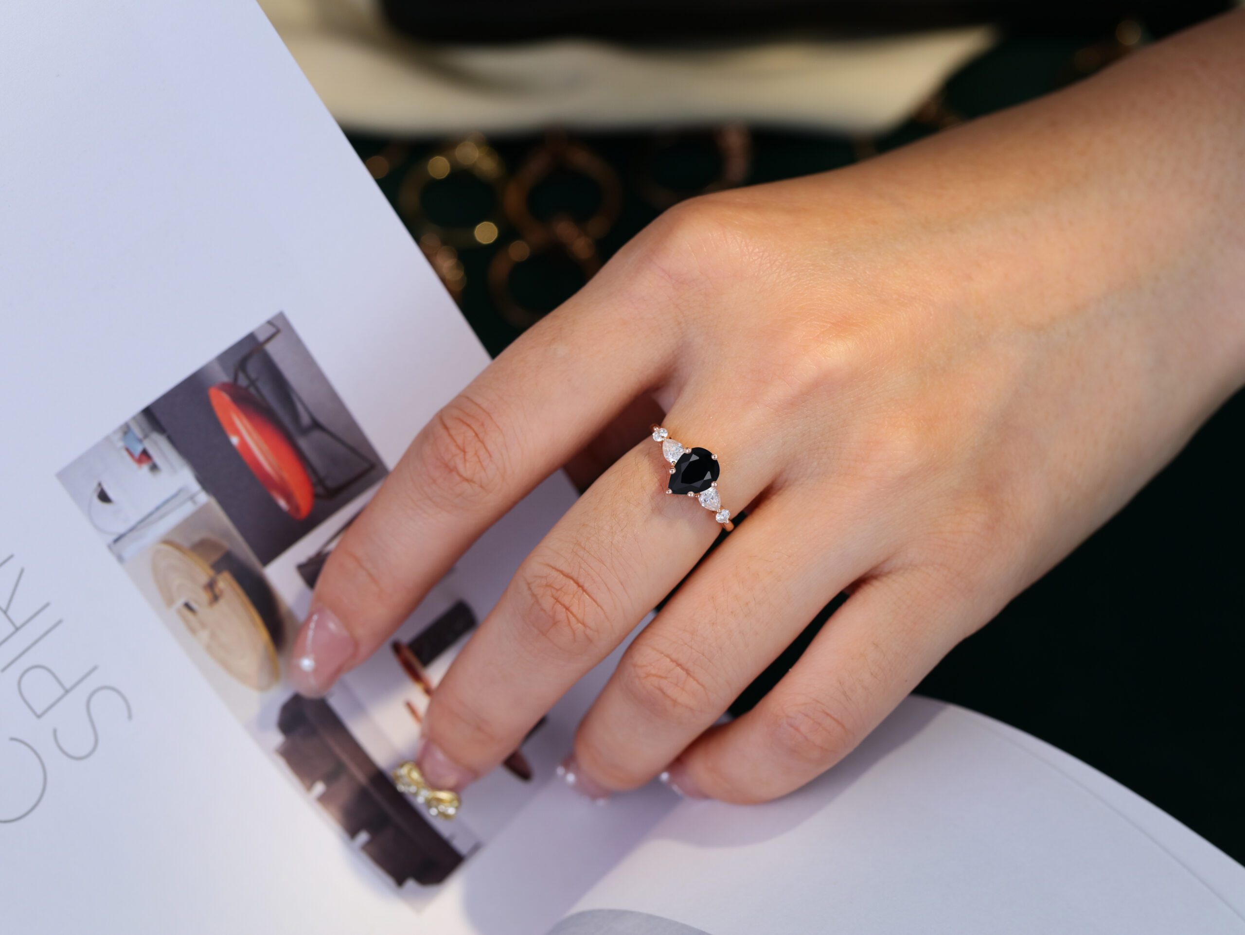 Pear shaped Black Onyx engagement ring unique vintage Rose gold engagement ring Cluster diamond wedding ring Bridal Promise Anniversary gift