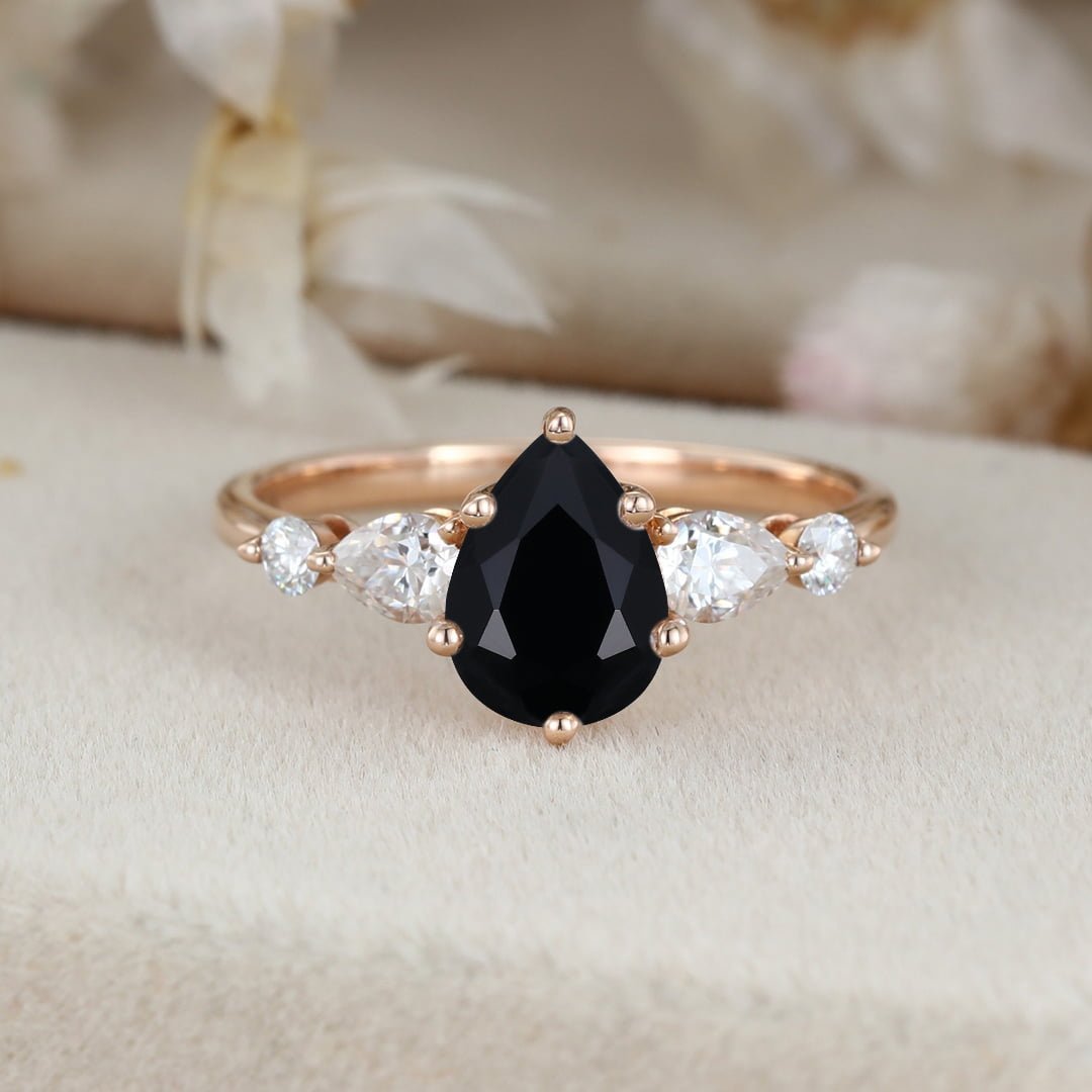 Pear shaped Black Onyx engagement ring unique vintage Rose gold engagement ring Cluster diamond wedding ring Bridal Promise Anniversary gift
