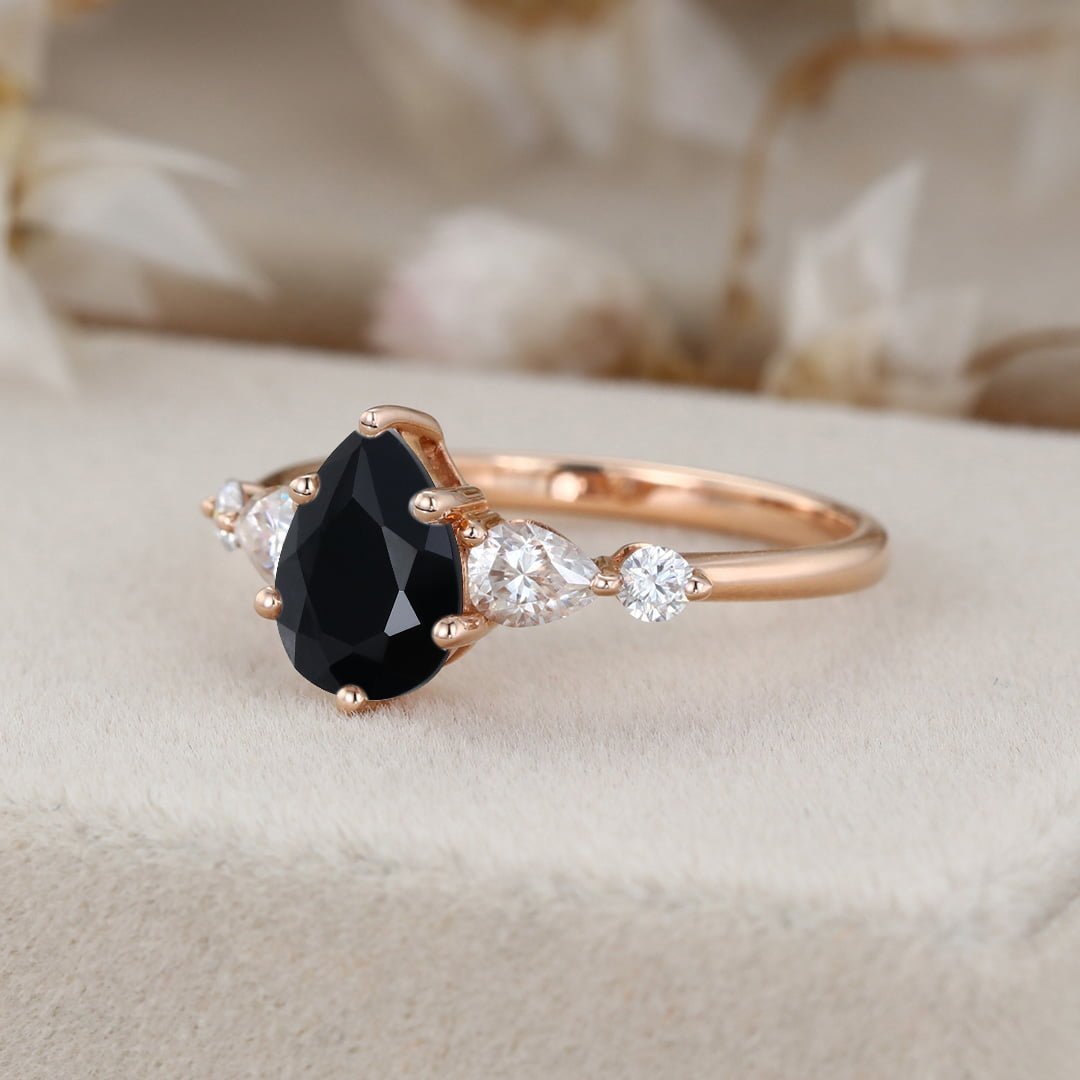 Pear shaped Black Onyx engagement ring unique vintage Rose gold engagement ring Cluster diamond wedding ring Bridal Promise Anniversary gift