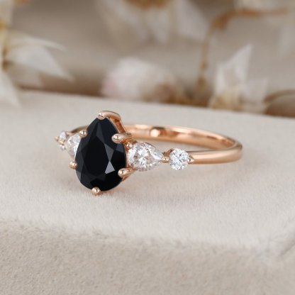 Pear shaped Black Onyx engagement ring unique vintage Rose gold engagement ring Cluster diamond wedding ring Bridal Promise Anniversary gift