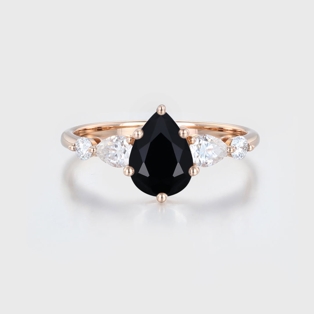 Pear shaped Black Onyx engagement ring unique vintage Rose gold engagement ring Cluster diamond wedding ring Bridal Promise Anniversary gift