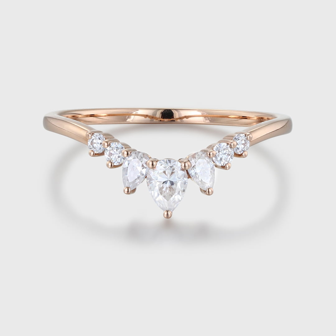 Pear shaped Curved wedding ring Diamond wedding band Unique Rose gold Moissanite wedding band matching band Bridal promise Anniversary gift