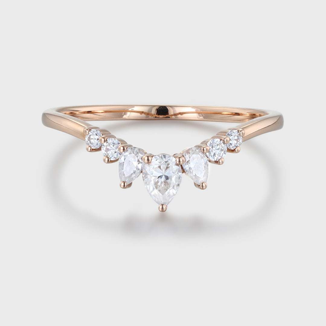 Pear shaped Curved wedding ring Diamond wedding band Unique Rose gold Moissanite wedding band matching band Bridal promise Anniversary gift