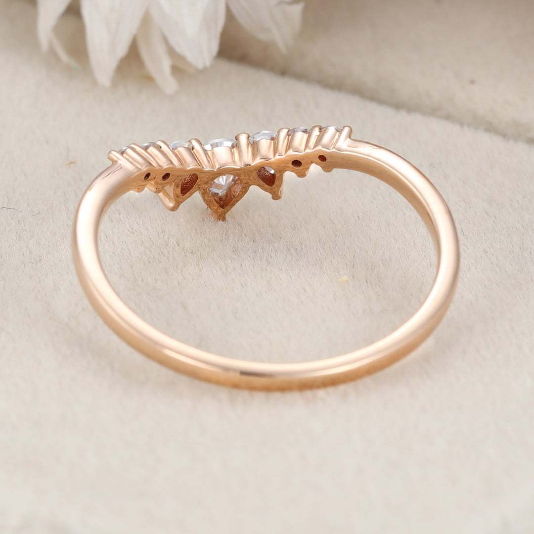 Pear shaped Curved wedding ring Diamond wedding band Unique Rose gold Moissanite wedding band matching band Bridal promise Anniversary gift