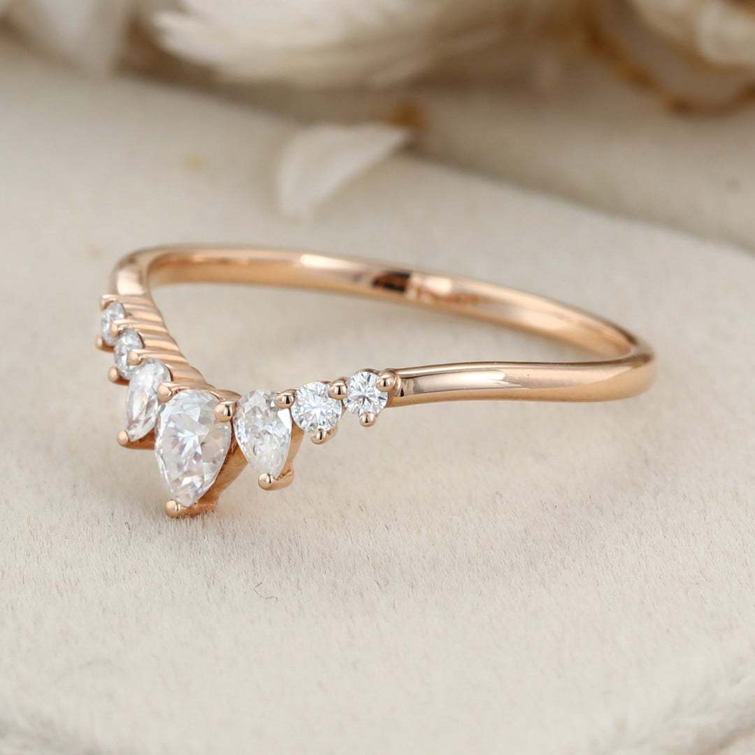 Pear shaped Curved wedding ring Diamond wedding band Unique Rose gold Moissanite wedding band matching band Bridal promise Anniversary gift