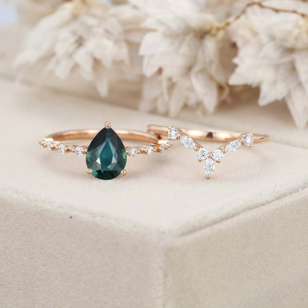 Pear shaped Lab Blue green sapphire engagement ring set Rose gold moissanite engagement ring unique marquise cluster ring promise Anniversary gift