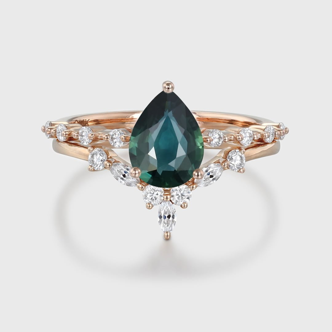 Pear shaped Lab Blue green sapphire engagement ring set Rose gold moissanite engagement ring unique marquise cluster ring promise Anniversary gift