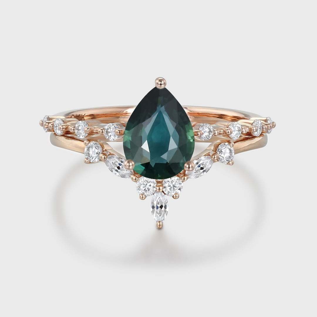 Pear shaped Lab Blue green sapphire engagement ring set Rose gold moissanite engagement ring unique marquise cluster ring promise Anniversary gift