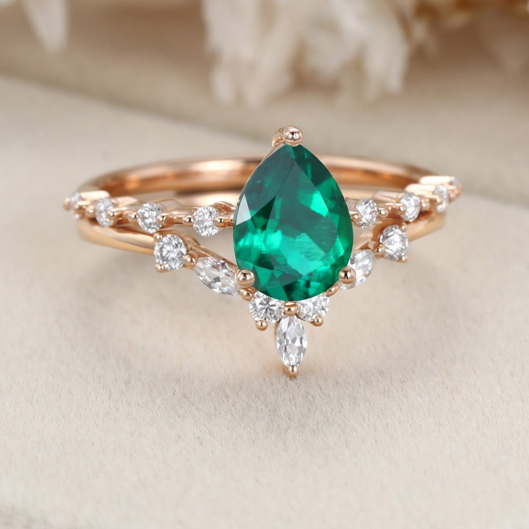 Pear shaped Lab Emerald engagement ring set Rose gold moissanite engagement ring vintage marquise cluster diamond ring Bridal set Promise Anniversary