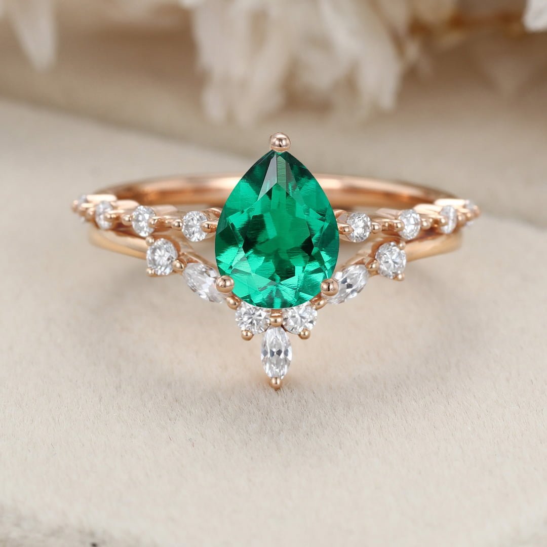 Pear shaped Lab Emerald engagement ring set Rose gold moissanite engagement ring vintage marquise cluster diamond ring Bridal set Promise Anniversary