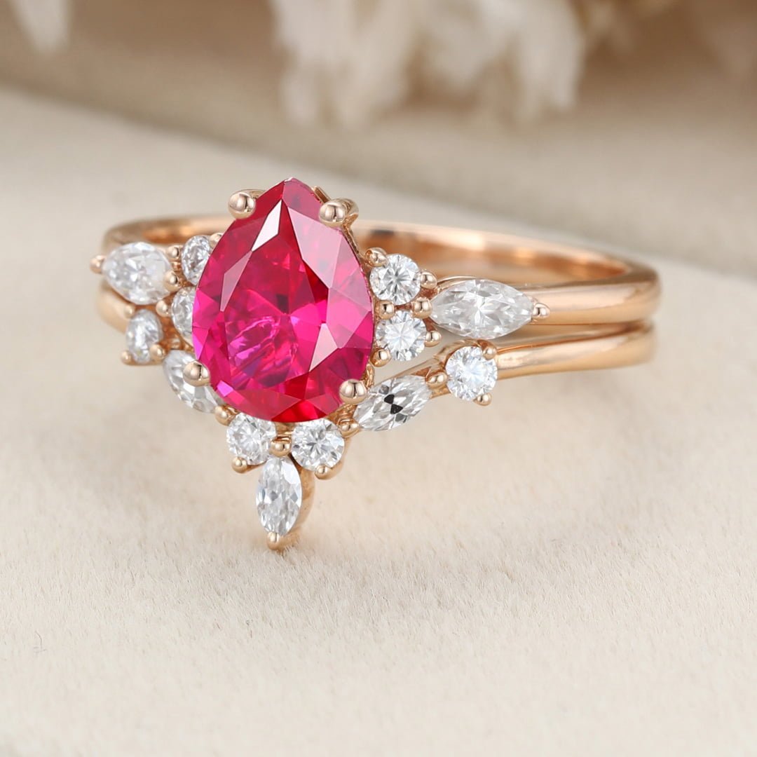 Pear shaped Lab Ruby engagement ring set Vintage 14K Rose gold Marquise Moissanite engagement ring wedding Bridal Anniversary gift for her