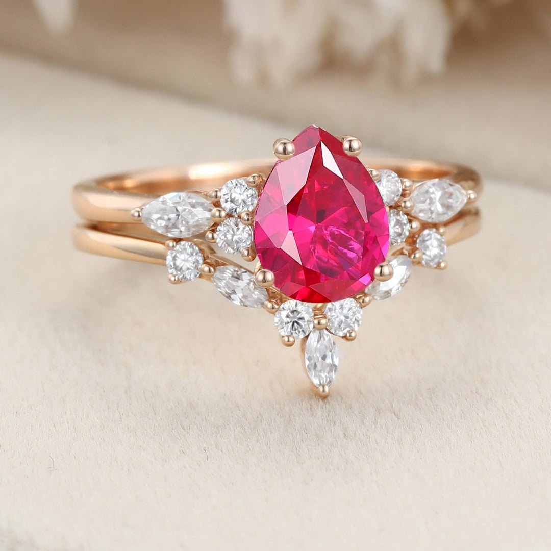 Pear shaped Lab Ruby engagement ring set Vintage 14K Rose gold Marquise Moissanite engagement ring wedding Bridal Anniversary gift for her