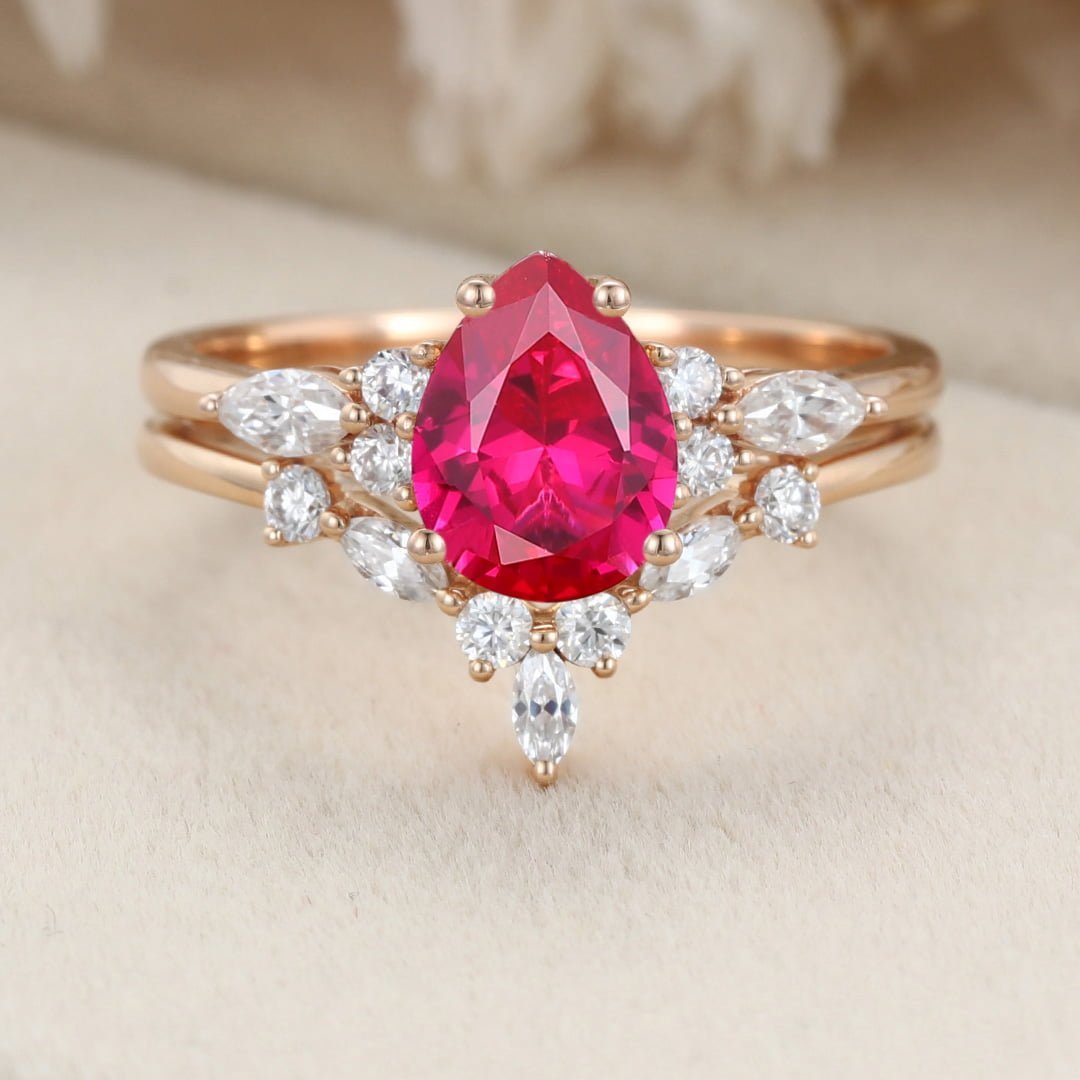Pear shaped Lab Ruby engagement ring set Vintage 14K Rose gold Marquise Moissanite engagement ring wedding Bridal Anniversary gift for her