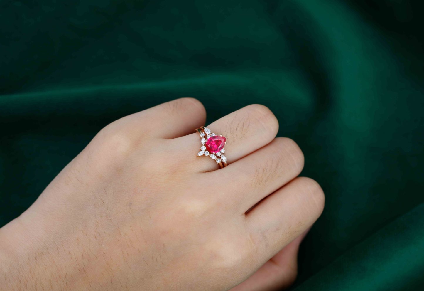 Pear shaped Lab Ruby engagement ring set Vintage 14K Rose gold Marquise Moissanite engagement ring wedding Bridal Anniversary gift for her