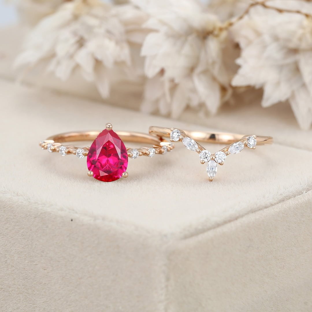 Pear shaped Lab Ruby engagement ring set Vintage Rose gold moissanite engagement ring unique marquise cluster ring promise Anniversary gift