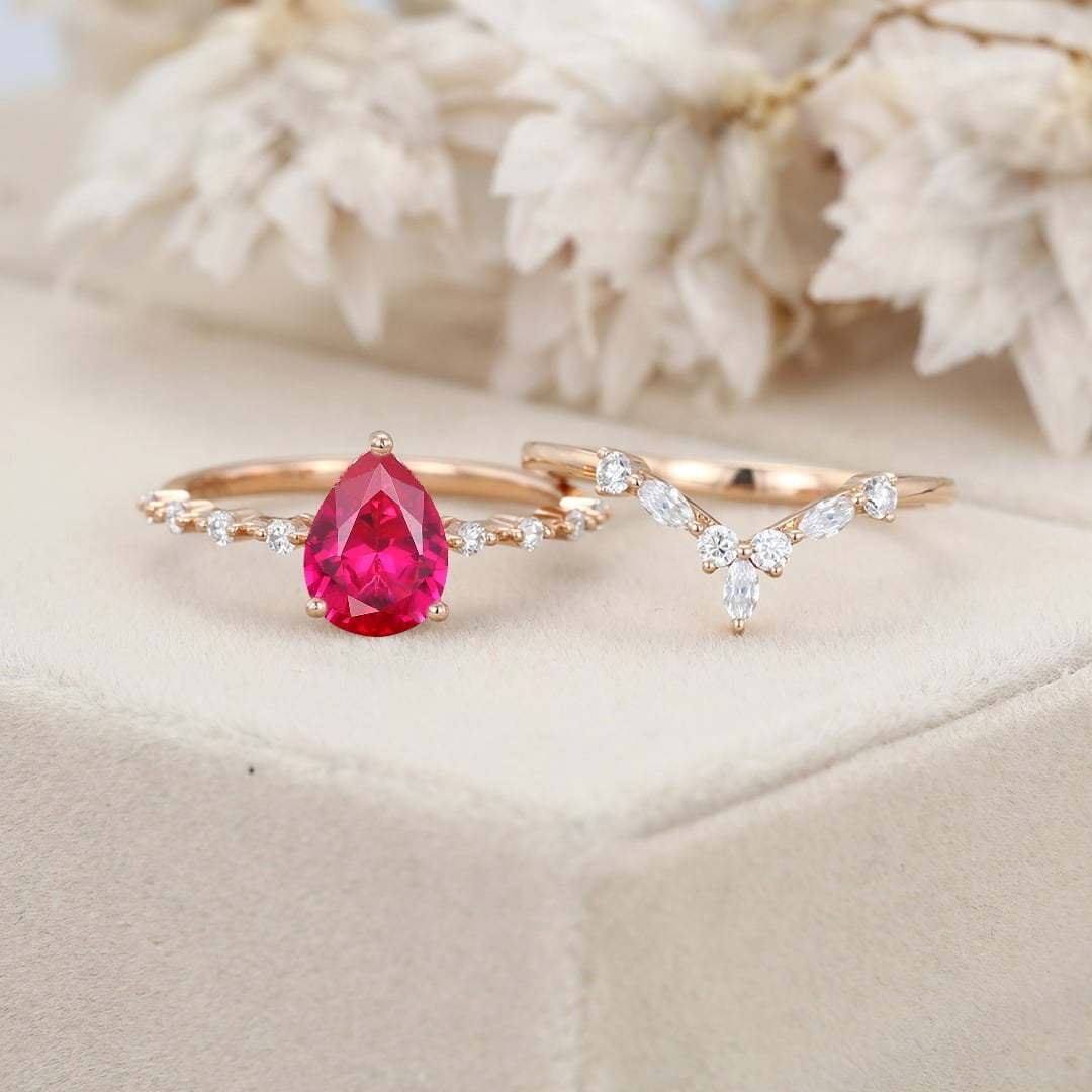 Pear shaped Lab Ruby engagement ring set Vintage Rose gold moissanite engagement ring unique marquise cluster ring promise Anniversary gift