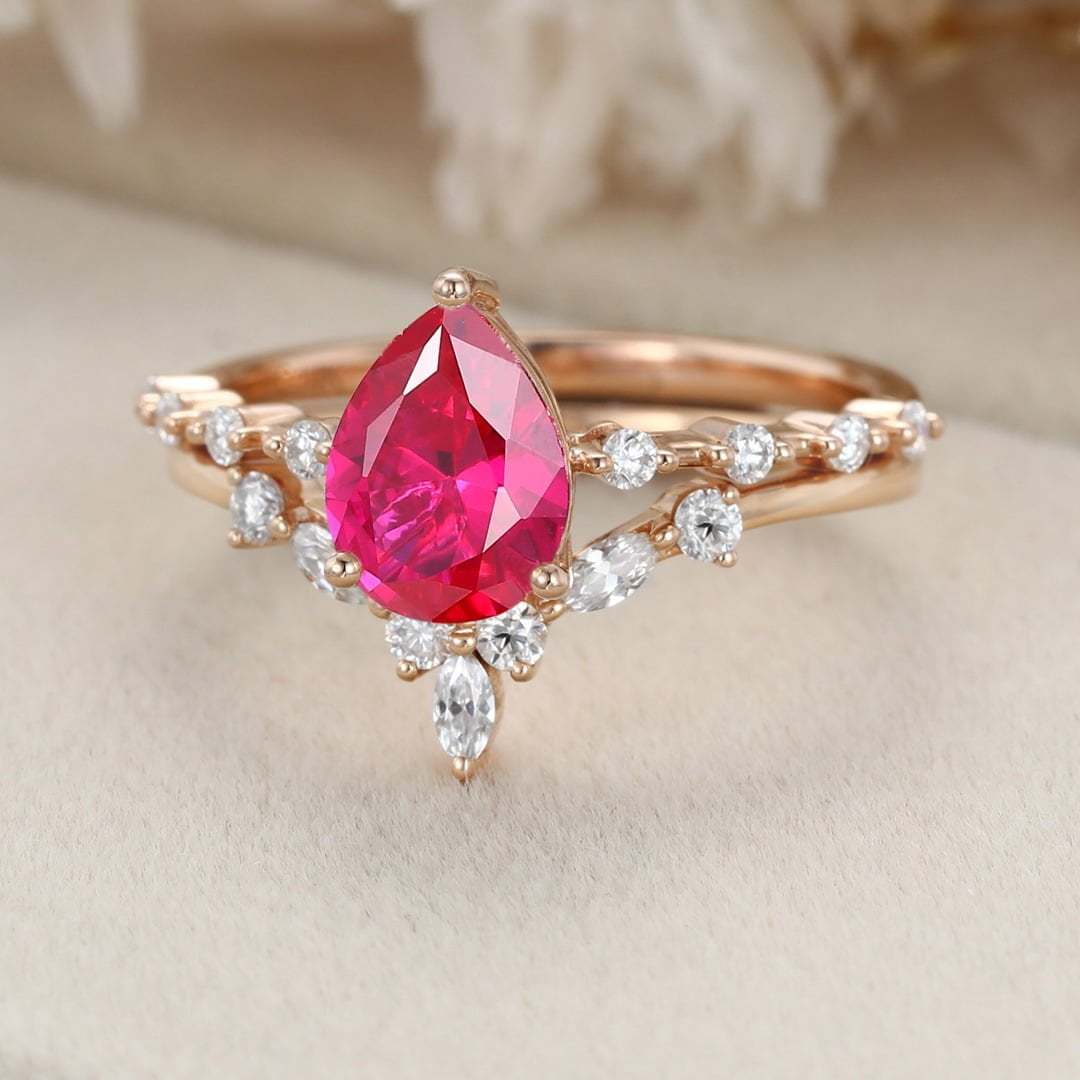 Pear shaped Lab Ruby engagement ring set Vintage Rose gold moissanite engagement ring unique marquise cluster ring promise Anniversary gift