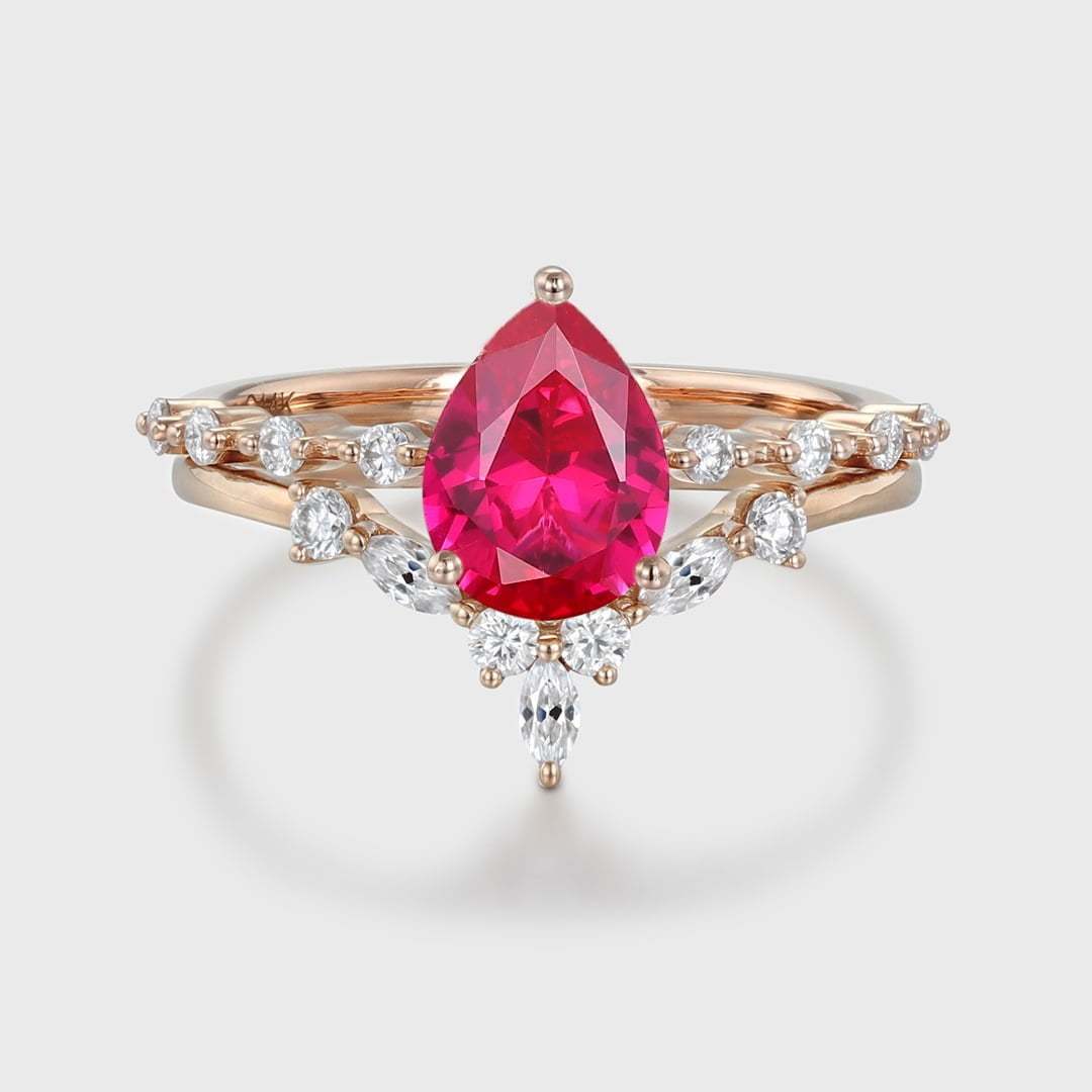 Pear shaped Lab Ruby engagement ring set Vintage Rose gold moissanite engagement ring unique marquise cluster ring promise Anniversary gift