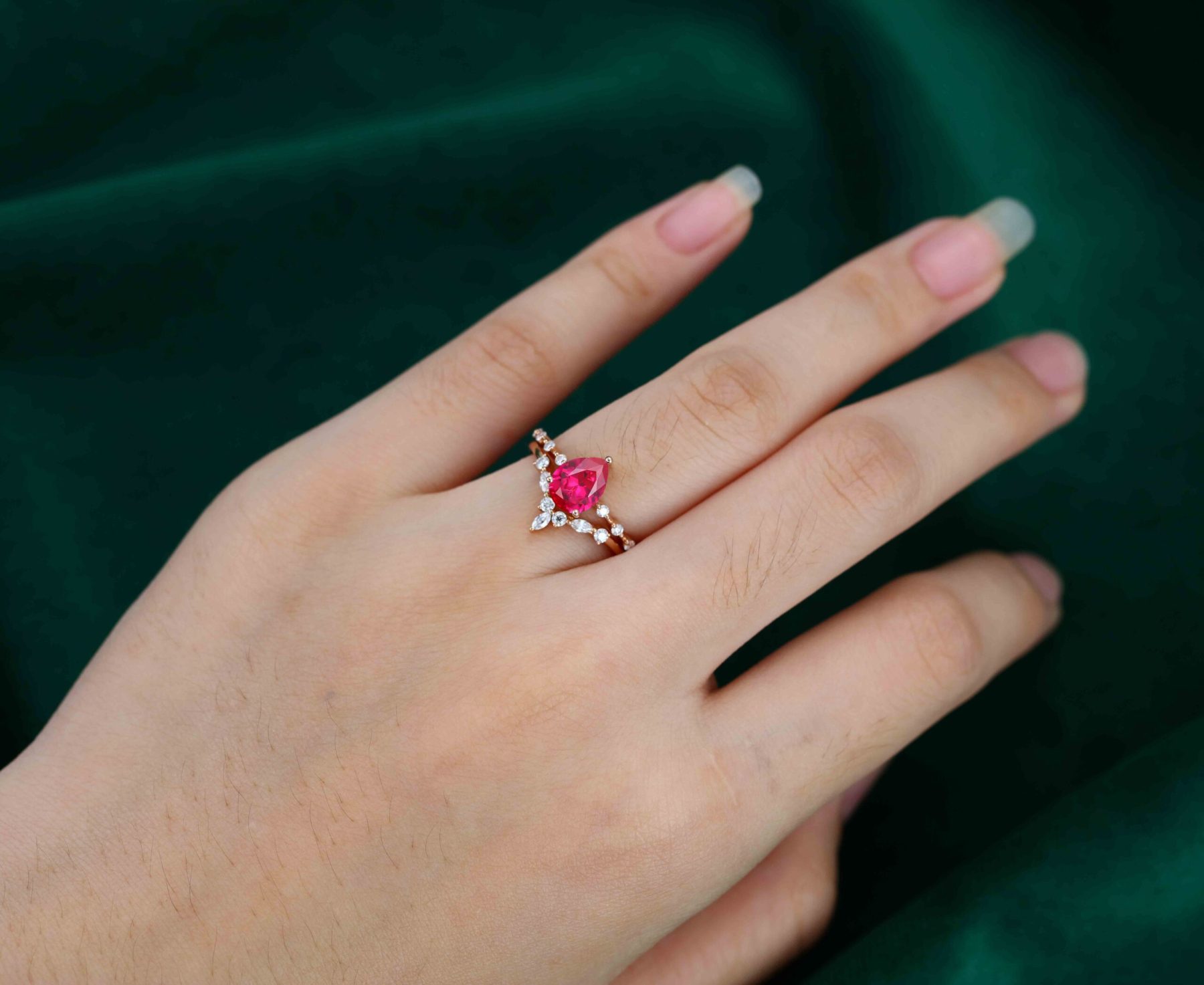 Pear shaped Lab Ruby engagement ring set Vintage Rose gold moissanite engagement ring unique marquise cluster ring promise Anniversary gift