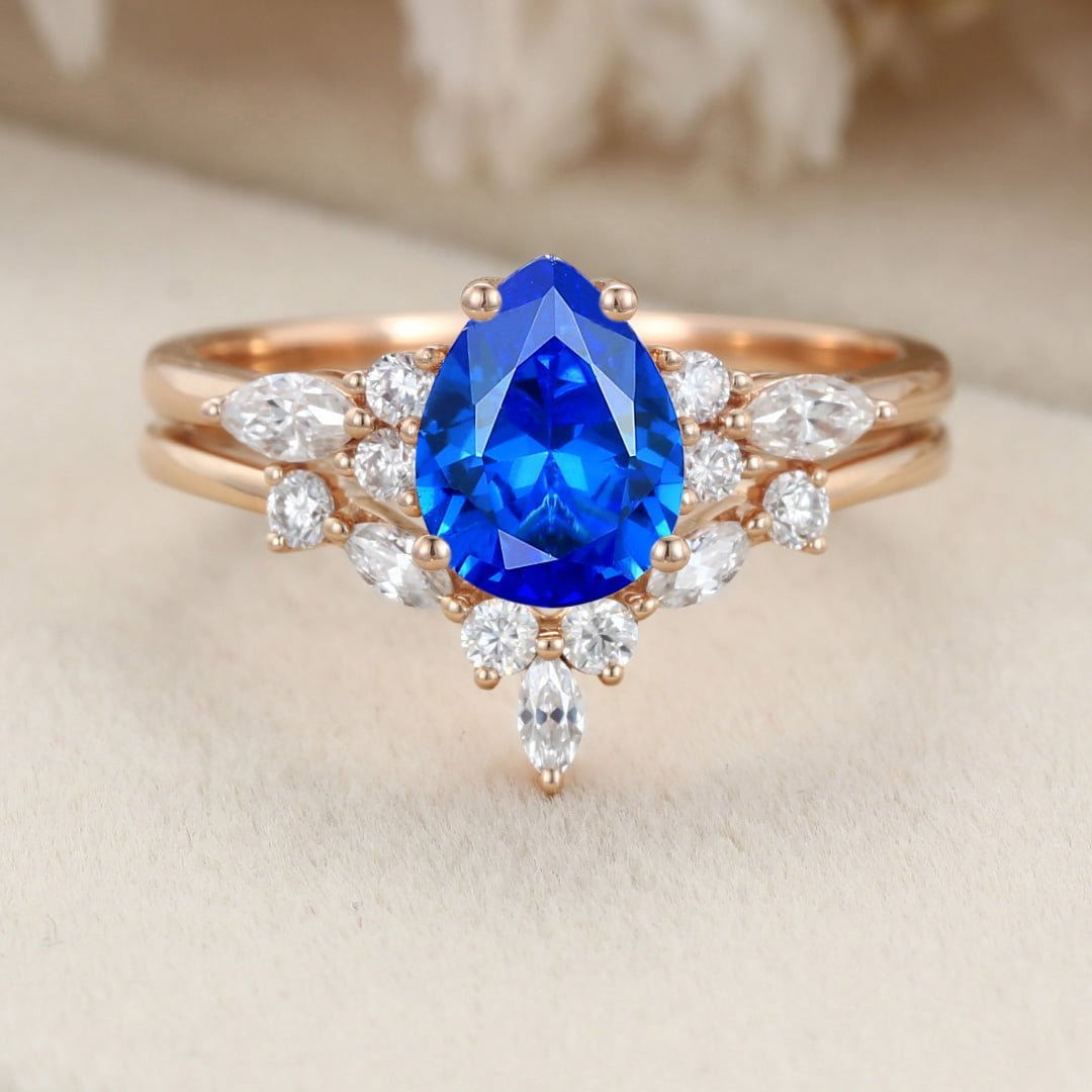 Pear shaped Lab Sapphire engagement ring set Vintage 14K Rose gold Marquise Moissanite engagement ring diamond ring Art Deco Bridal Anniversary gift