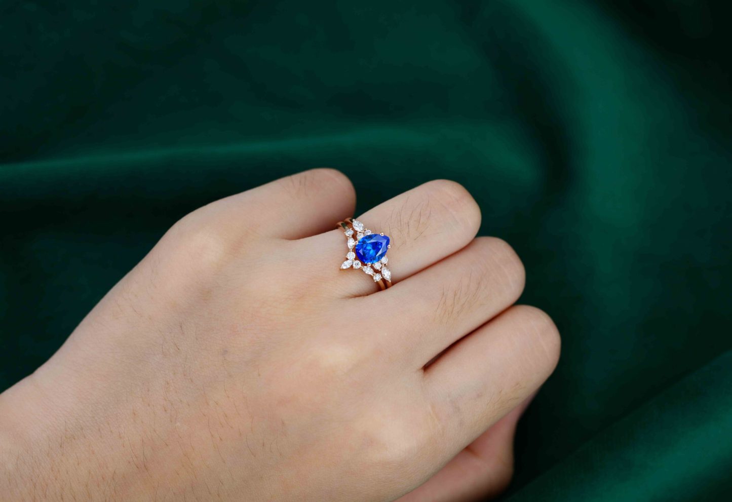Pear shaped Lab Sapphire engagement ring set Vintage 14K Rose gold Marquise Moissanite engagement ring diamond ring Art Deco Bridal Anniversary gift
