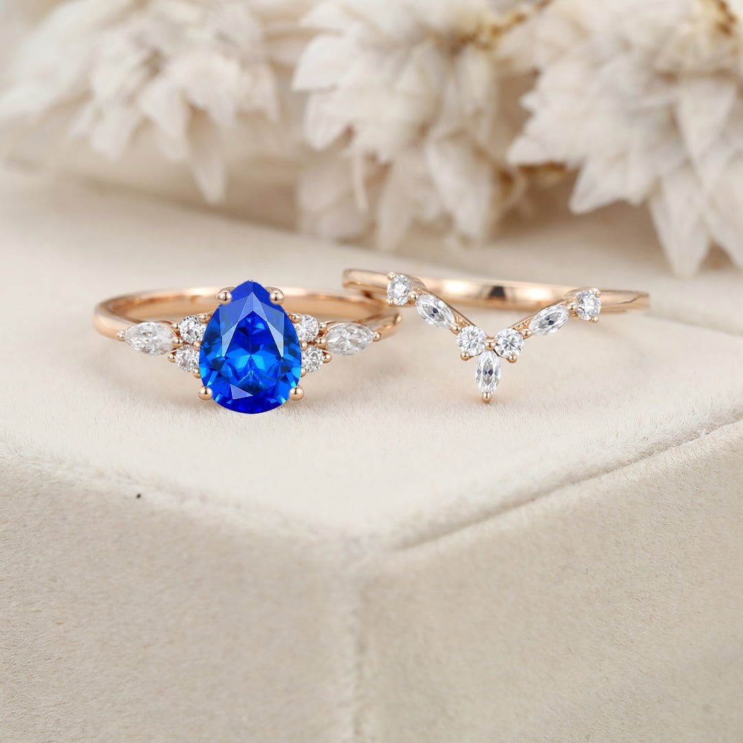 Pear shaped Lab Sapphire engagement ring set Vintage 14K Rose gold Marquise Moissanite engagement ring diamond ring Art Deco Bridal Anniversary gift
