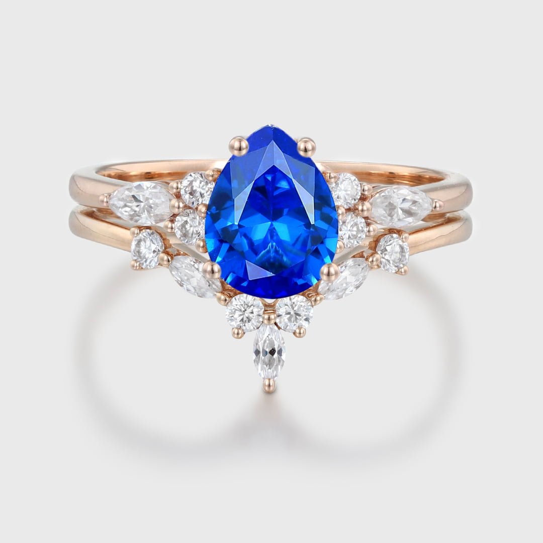 Pear shaped Lab Sapphire engagement ring set Vintage 14K Rose gold Marquise Moissanite engagement ring diamond ring Art Deco Bridal Anniversary gift