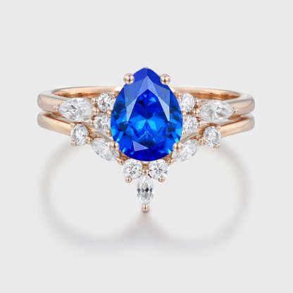 Pear shaped Lab Sapphire engagement ring set Vintage 14K Rose gold Marquise Moissanite engagement ring diamond ring Art Deco Bridal Anniversary gift