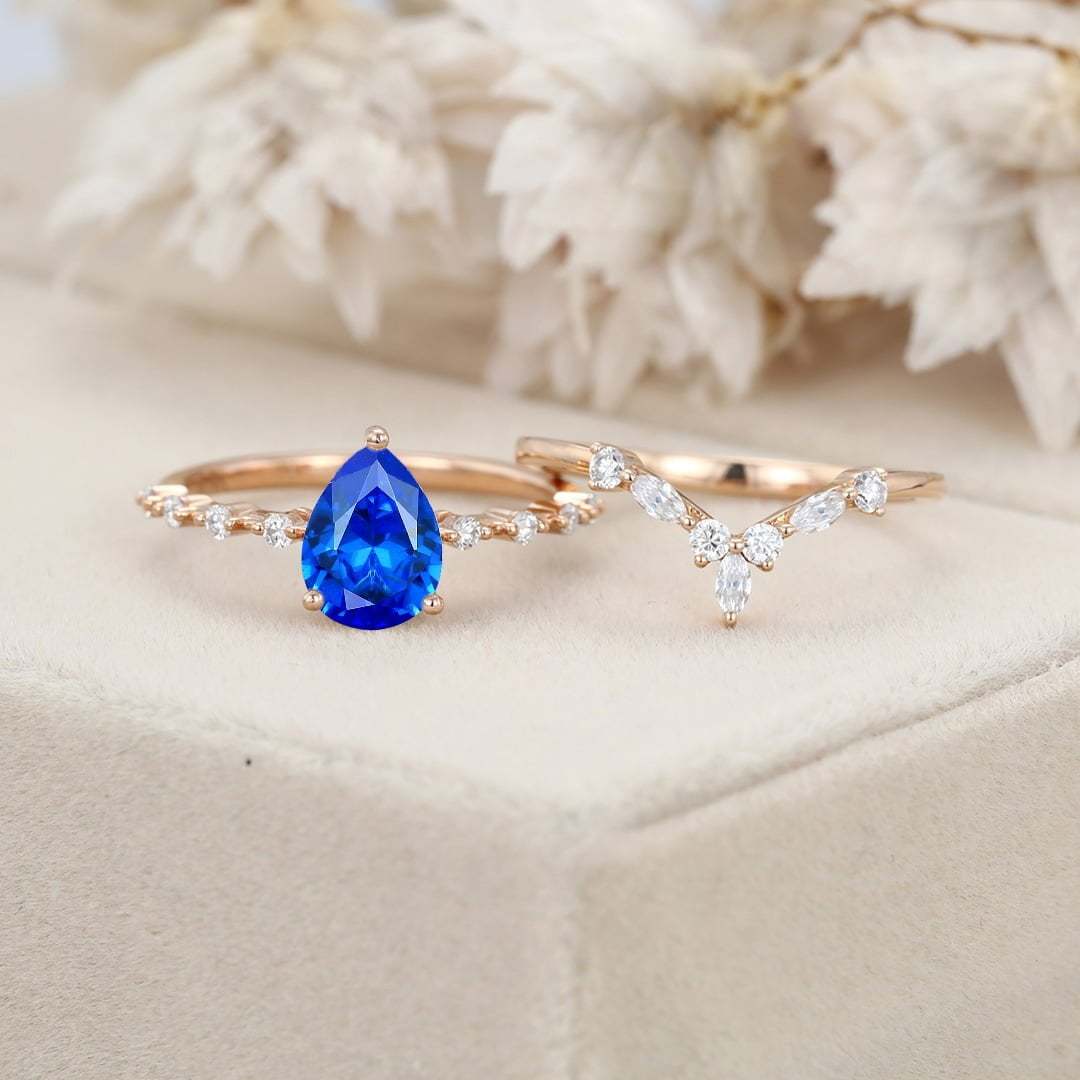 Pear shaped Lab Sapphire engagement ring set Vintage Rose gold moissanite engagement ring unique marquise cluster ring promise Anniversary gift
