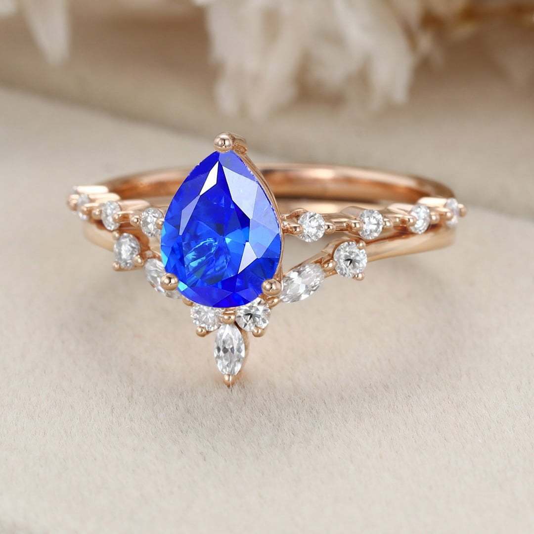 Pear shaped Lab Sapphire engagement ring set Vintage Rose gold moissanite engagement ring unique marquise cluster ring promise Anniversary gift