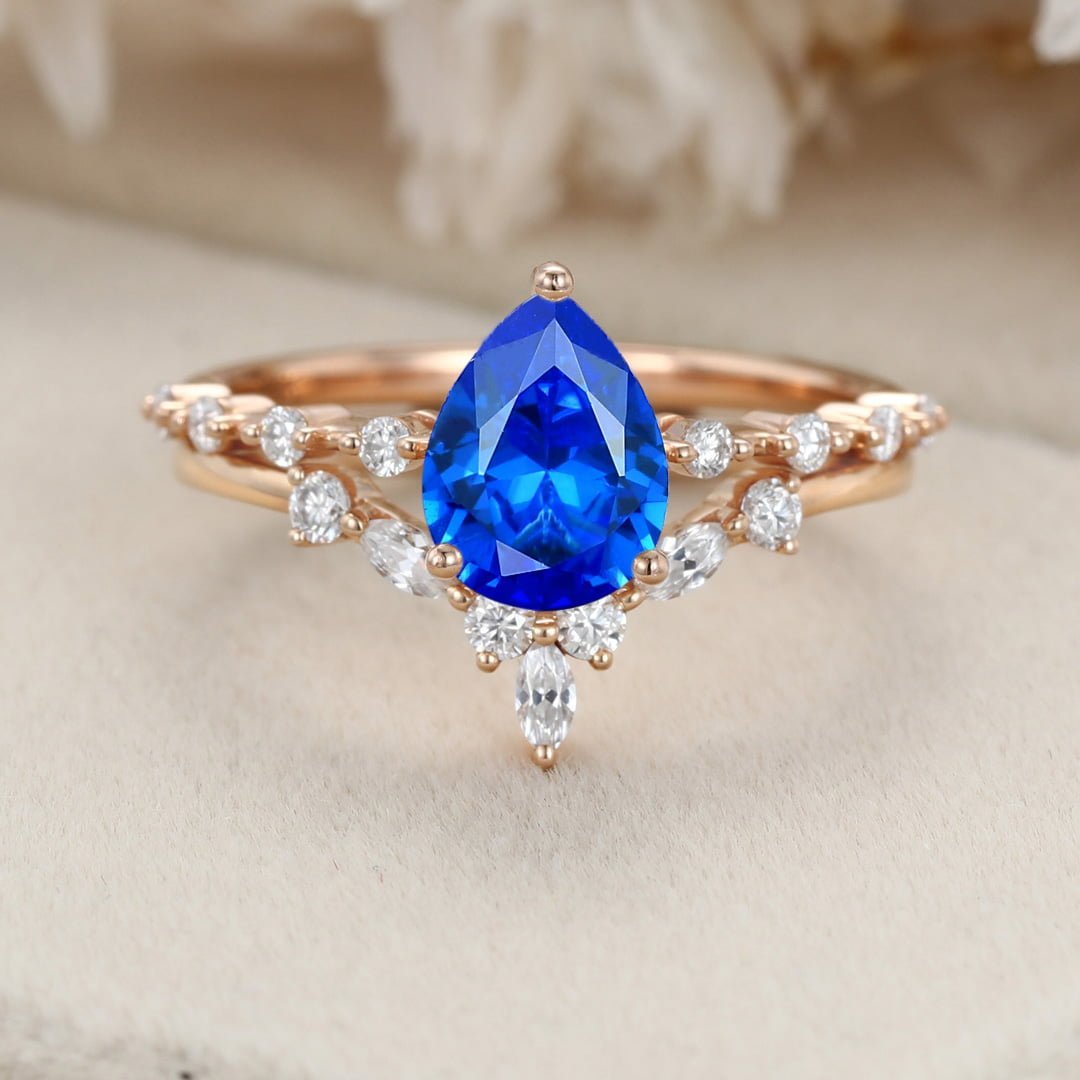 Pear shaped Lab Sapphire engagement ring set Vintage Rose gold moissanite engagement ring unique marquise cluster ring promise Anniversary gift