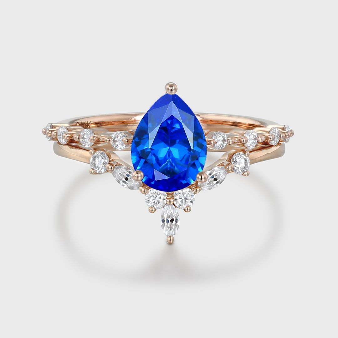Pear shaped Lab Sapphire engagement ring set Vintage Rose gold moissanite engagement ring unique marquise cluster ring promise Anniversary gift