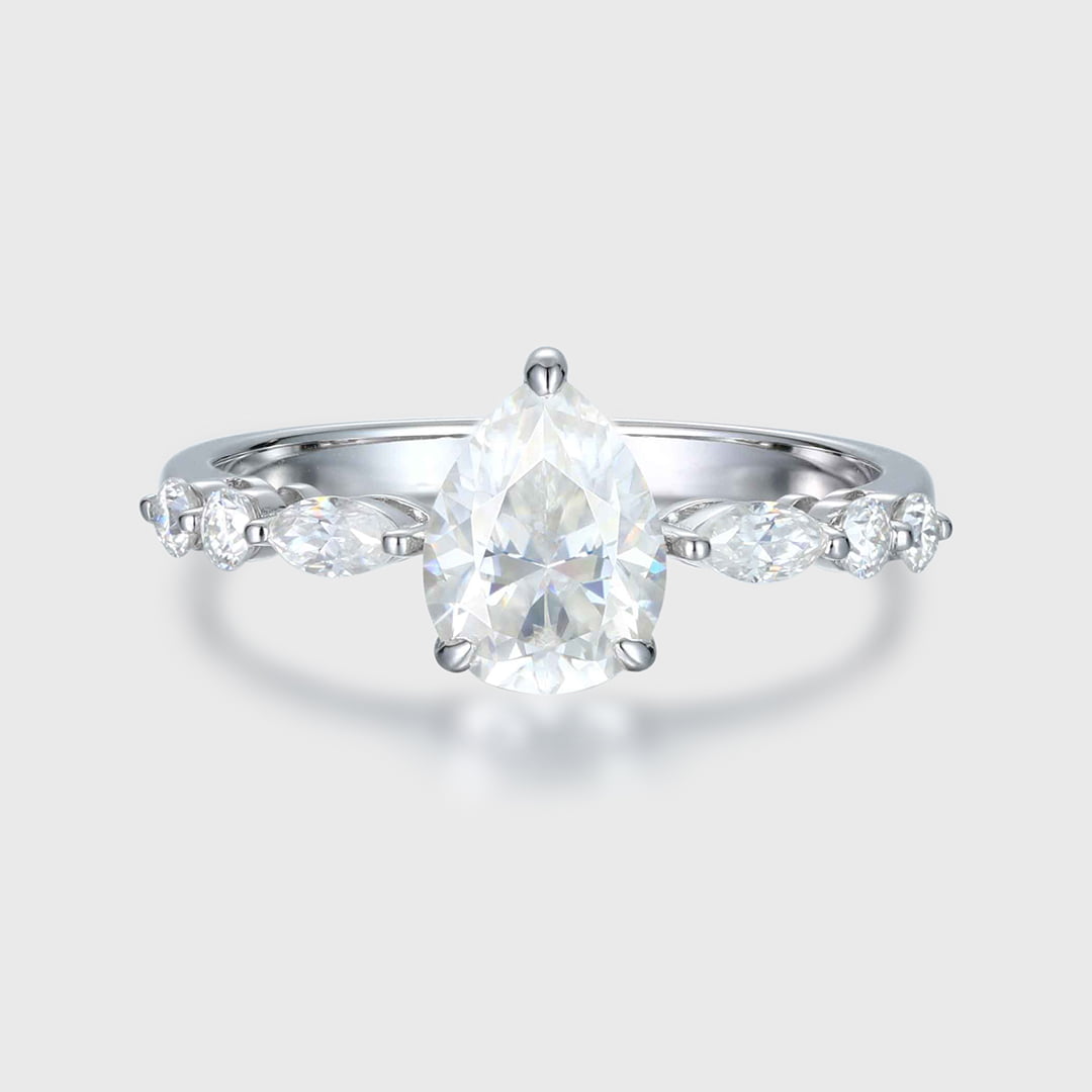 Vintage 1.5 Carat Pear Shaped Moissanite Engagement Ring In 14k White Gold