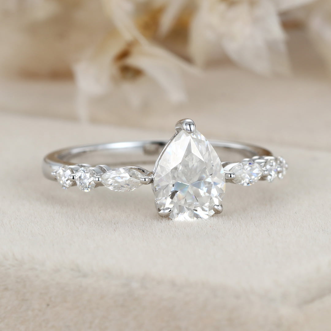 Pear shaped Moissanite engagement ring Vintage White gold engagement ring Marquise diamond ring promise ring Anniversary gift ring