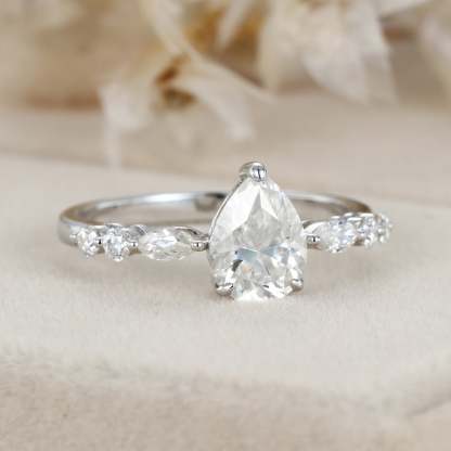 Pear shaped Moissanite engagement ring Vintage White gold engagement ring Marquise diamond ring promise ring Anniversary gift ring