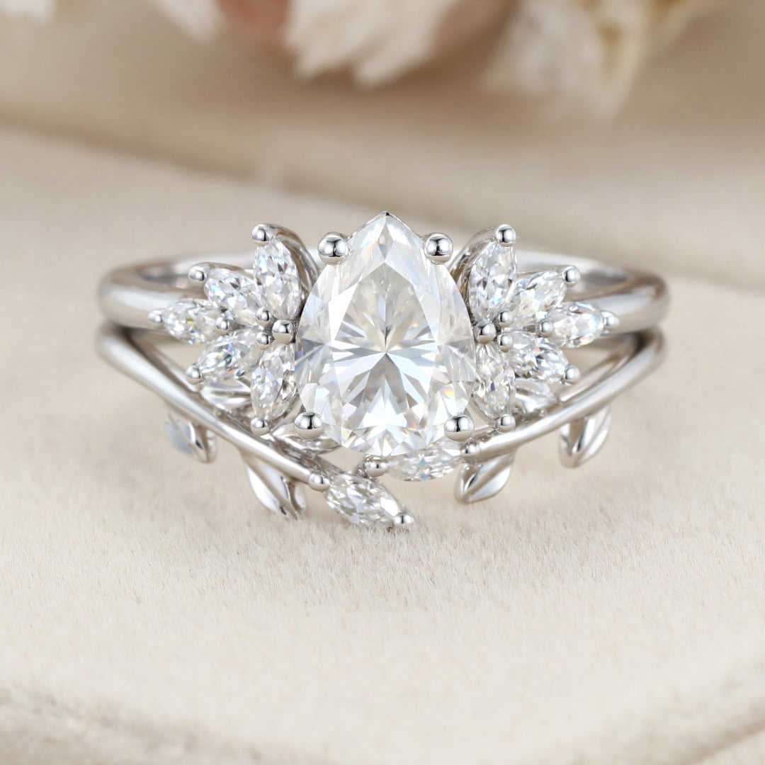 Pear shaped Moissanite engagement ring set Women white gold engagement ring Vintage marquise cluster engagement ring Bridal Promise gift