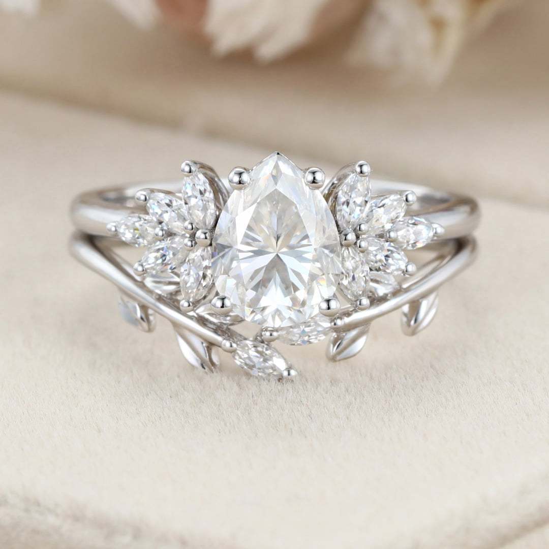 Pear shaped Moissanite engagement ring set Women white gold engagement ring Vintage marquise cluster engagement ring Bridal Promise gift