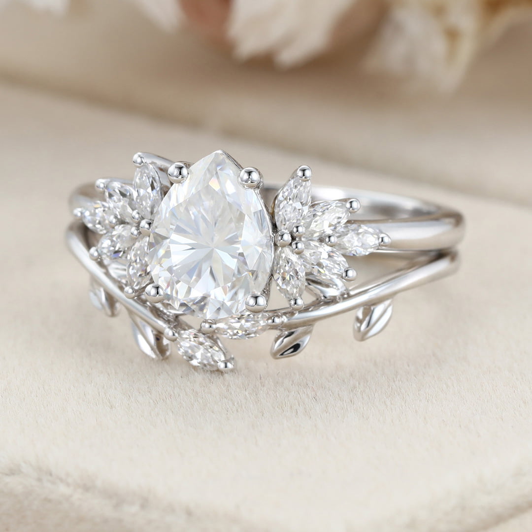 Pear shaped Moissanite engagement ring set Women white gold engagement ring Vintage marquise cluster engagement ring Bridal Promise gift