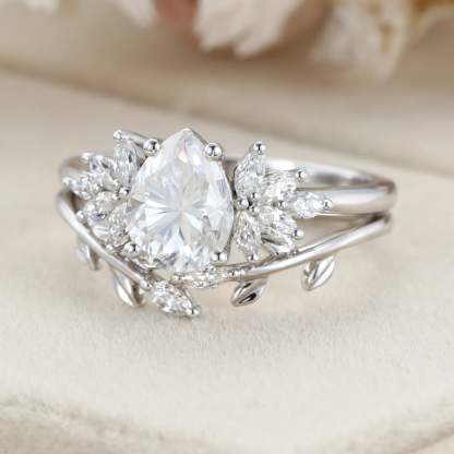 Pear shaped Moissanite engagement ring set Women white gold engagement ring Vintage marquise cluster engagement ring Bridal Promise gift