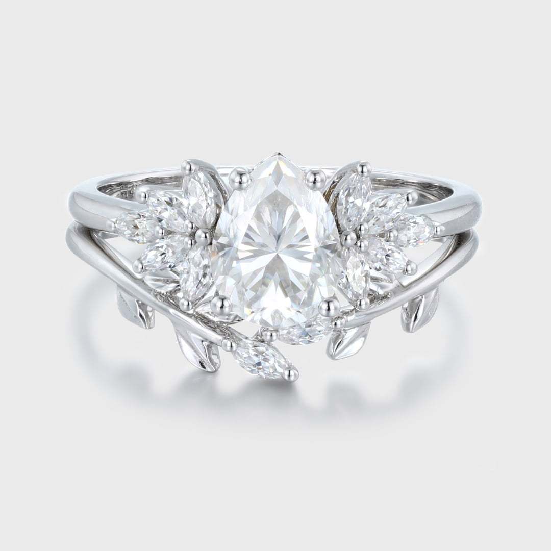 Pear shaped Moissanite engagement ring set Women white gold engagement ring Vintage marquise cluster engagement ring Bridal Promise gift