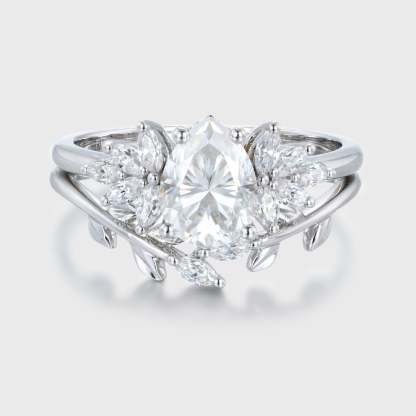 Pear shaped Moissanite engagement ring set Women white gold engagement ring Vintage marquise cluster engagement ring Bridal Promise gift