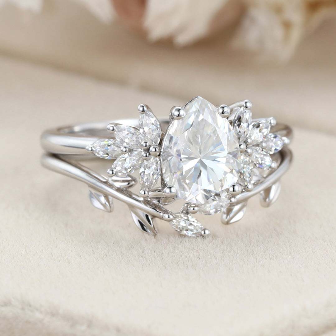 Pear shaped Moissanite engagement ring set Women white gold engagement ring Vintage marquise cluster engagement ring Bridal Promise gift