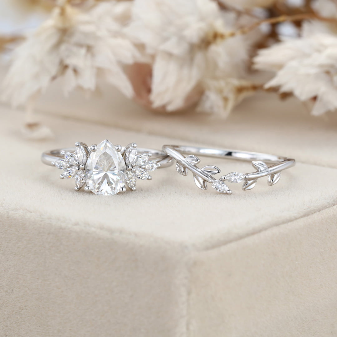 Pear shaped Moissanite engagement ring set Women white gold engagement ring Vintage marquise cluster engagement ring Bridal Promise gift